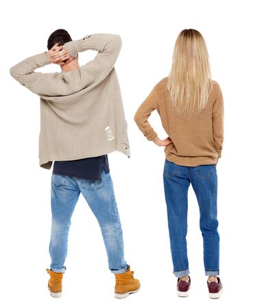 Back view couple in sweater. beautiful man and woman. Rear view people collection. backside view of person. Isolated over white background.の写真素材