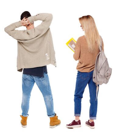 Back view couple in sweater. beautiful man and woman. Rear view people collection. backside view of person. Isolated over white background.の写真素材