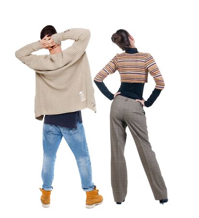 Back view couple in sweater. beautiful man and woman. Rear view people collection. backside view of person. Isolated over white background.の写真素材
