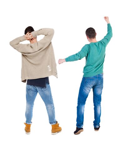 Back view two man in sweater. Rear view people collection. backside view of person. Isolated over white background.の写真素材