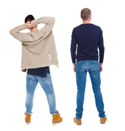 Back view two man in sweater. Rear view people collection. backside view of person. Isolated over white background.の写真素材