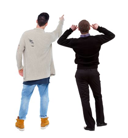 Back view of two man in sweater pointing. Rear view people collection. backside view of person. Isolated over white background.の写真素材