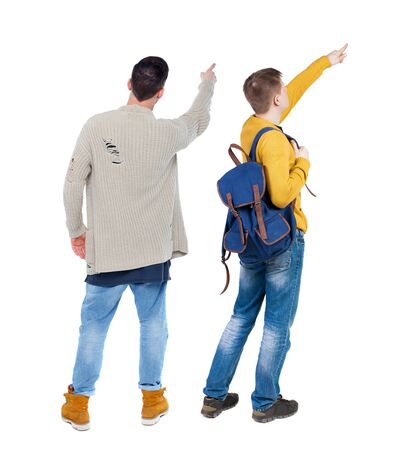 Back view of two man in sweater pointing. Rear view people collection. backside view of person. Isolated over white background.の写真素材
