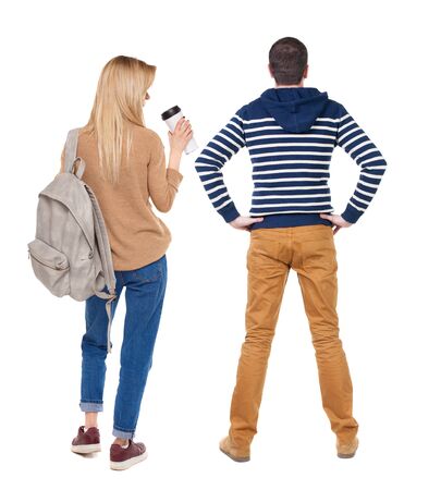 Back view couple in sweater. beautiful man and woman. Rear view people collection. backside view of person. Isolated over white background.の写真素材