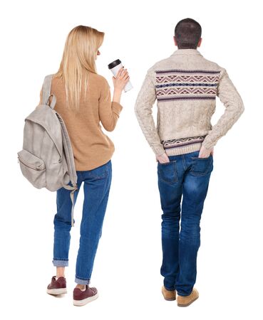 Back view couple in sweater. beautiful man and woman. Rear view people collection. backside view of person. Isolated over white background.の写真素材