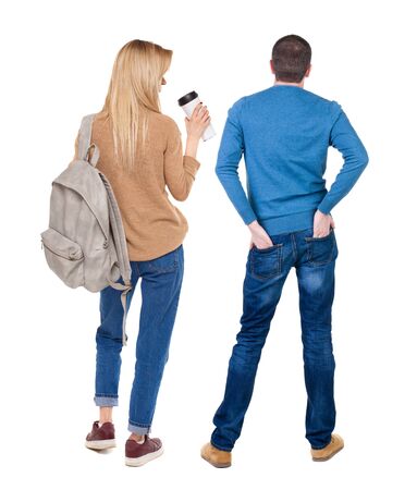 Back view couple in sweater. beautiful man and woman. Rear view people collection. backside view of person. Isolated over white background.の写真素材