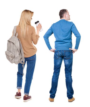 Back view couple in sweater. beautiful man and woman. Rear view people collection. backside view of person. Isolated over white background.の写真素材