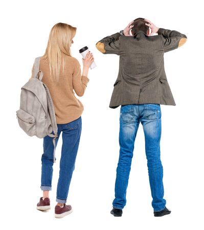 Back view couple in sweater. beautiful man and woman. Rear view people collection. backside view of person. Isolated over white background.の写真素材