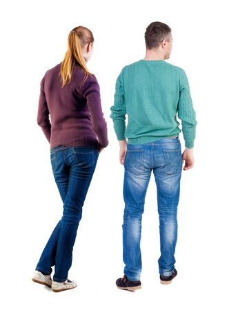Back view couple in sweater. beautiful man and woman. Rear view people collection. backside view of person. Isolated over white background.の写真素材