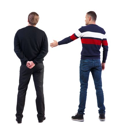 Back view two man in sweater. Rear view people collection. backside view of person. Isolated over white background.の写真素材