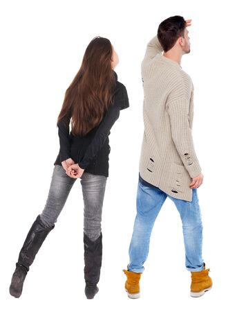 Back view couple in sweater. beautiful man and woman. Rear view people collection. backside view of person. Isolated over white background.の写真素材