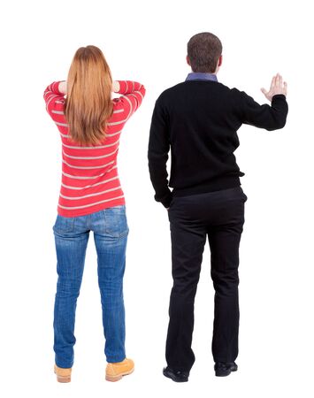 Back view couple in sweater. beautiful man and woman. Rear view people collection. backside view of person. Isolated over white background.の写真素材