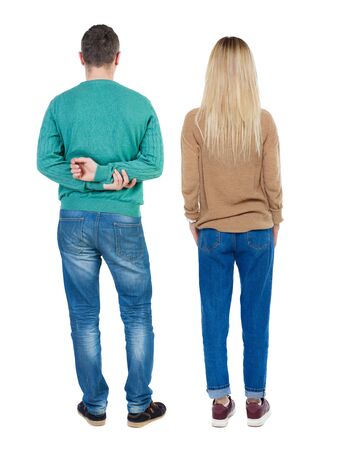 Back view couple in sweater. beautiful man and woman. Rear view people collection. backside view of person. Isolated over white background.の写真素材