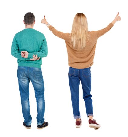 Back view couple in sweater. beautiful man and woman. Rear view people collection. backside view of person. Isolated over white background.の写真素材