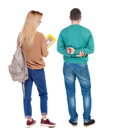 Back view couple in sweater. beautiful man and woman. Rear view people collection. backside view of person. Isolated over white background.の写真素材