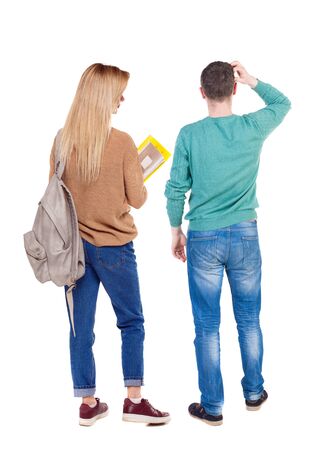 Back view couple in sweater. beautiful man and woman. Rear view people collection. backside view of person. Isolated over white background.の写真素材