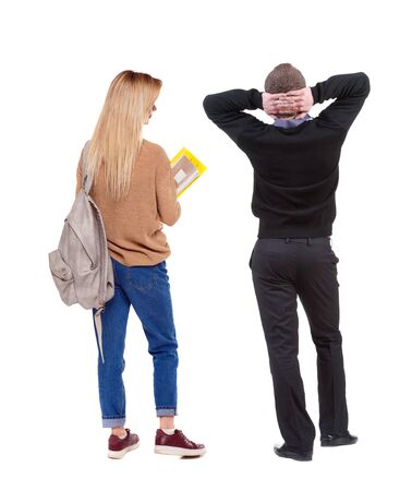 Back view couple in sweater. beautiful man and woman. Rear view people collection. backside view of person. Isolated over white background.の写真素材