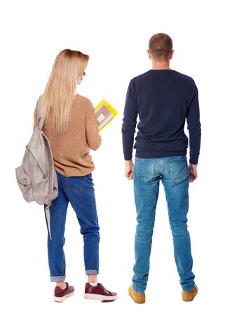 Back view couple in sweater. beautiful man and woman. Rear view people collection. backside view of person. Isolated over white background.の写真素材