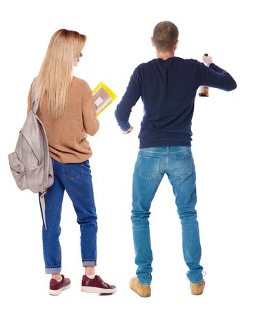 Back view couple in sweater. beautiful man and woman. Rear view people collection. backside view of person. Isolated over white background.の写真素材