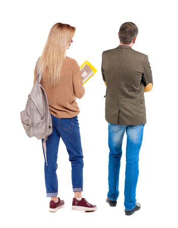 Back view couple in sweater. beautiful man and woman. Rear view people collection. backside view of person. Isolated over white background.の写真素材