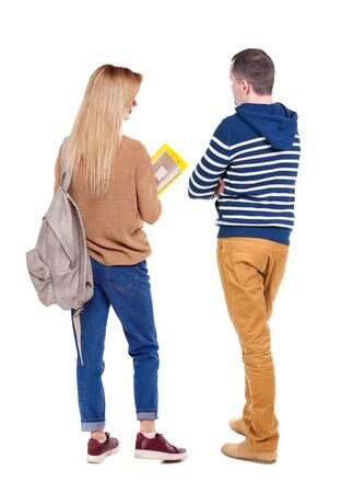 Back view couple in sweater. beautiful man and woman. Rear view people collection. backside view of person. Isolated over white background.の写真素材