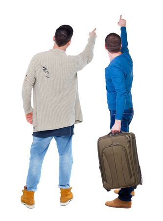 Back view of two man in sweater with suitcas. Back view. Rear view people collection. backside view of person. Isolated over white background.の写真素材