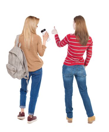 Back view of couple in sweater showing thumbs up. beautiful woman and man together. Rear view people collection. backside view of person. Isolated over white background.の写真素材