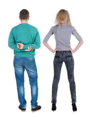 Back view couple in sweater. beautiful man and woman. Rear view people collection. backside view of person. Isolated over white background.の写真素材