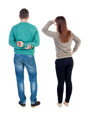 Back view couple in sweater. beautiful man and woman. Rear view people collection. backside view of person. Isolated over white background.の写真素材