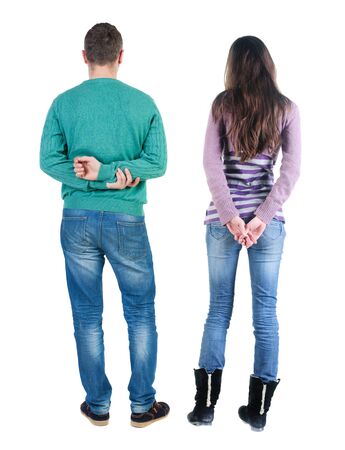 Back view couple in sweater. beautiful man and woman. Rear view people collection. backside view of person. Isolated over white background.の写真素材