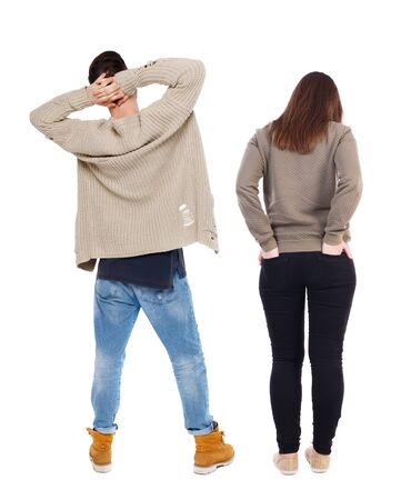 Back view couple in sweater. beautiful man and woman. Rear view people collection. backside view of person. Isolated over white background.の写真素材