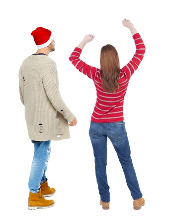 Back view couple in sweater. beautiful man and woman. Rear view people collection. backside view of person. Isolated over white background.の写真素材