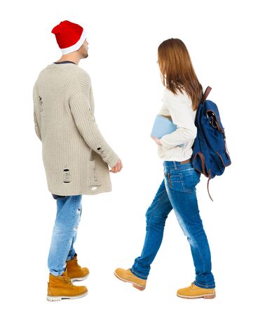 Back view couple in sweater. beautiful man and woman. Rear view people collection. backside view of person. Isolated over white background.の写真素材