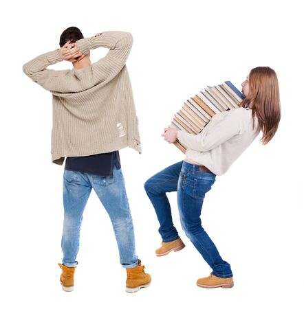 Back view couple in sweater. beautiful man and woman. Rear view people collection. backside view of person. Isolated over white background.の写真素材