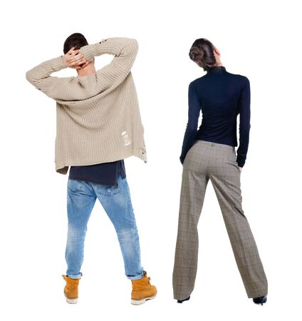 Back view couple in sweater. beautiful man and woman. Rear view people collection. backside view of person. Isolated over white background.の写真素材