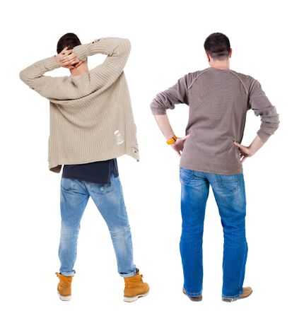 Back view two man in sweater. Rear view people collection. backside view of person. Isolated over white background.の写真素材