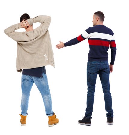 Back view two man in sweater. Rear view people collection. backside view of person. Isolated over white background.の写真素材
