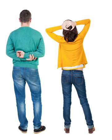 Back view couple in sweater. beautiful man and woman. Rear view people collection. backside view of person. Isolated over white background.の写真素材