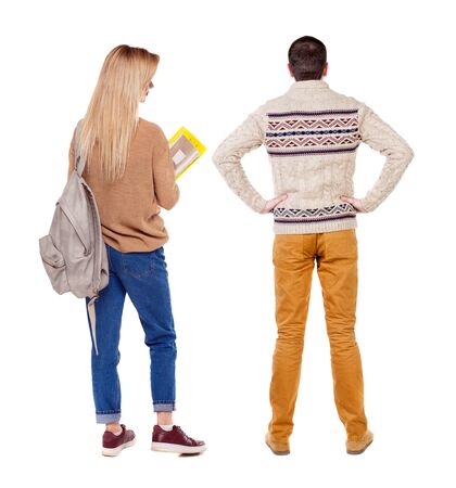 Back view couple in sweater. beautiful man and woman. Rear view people collection. backside view of person. Isolated over white background.の写真素材
