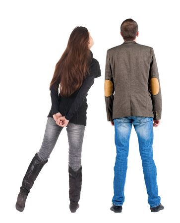 Back view couple in sweater. beautiful man and woman. Rear view people collection. backside view of person. Isolated over white background.の写真素材