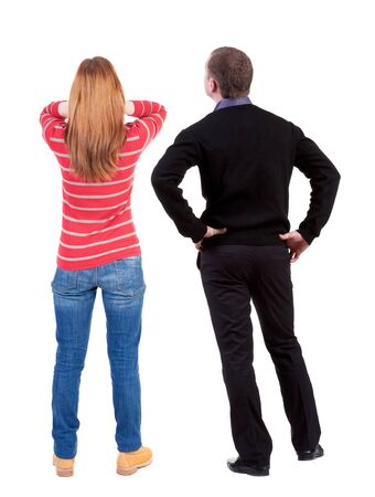 Back view couple in sweater. beautiful man and woman. Rear view people collection. backside view of person. Isolated over white background.の写真素材