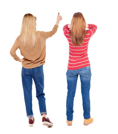Back view of couple in sweater showing thumbs up. beautiful woman and man together. Rear view people collection. backside view of person. Isolated over white background.の写真素材