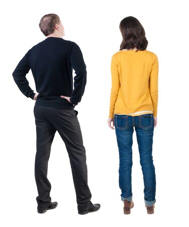 Back view couple in sweater. beautiful man and woman. Rear view people collection. backside view of person. Isolated over white background.の写真素材