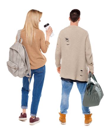 Back view couple in sweater. beautiful man and woman. Rear view people collection. backside view of person. Isolated over white background.の写真素材