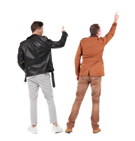 Back view two man in sweater showing thumb up. Rear view people collection. backside view of person. Isolated over white background.の写真素材