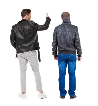 Back view two man in sweater showing thumb up. Rear view people collection. backside view of person. Isolated over white background.の写真素材