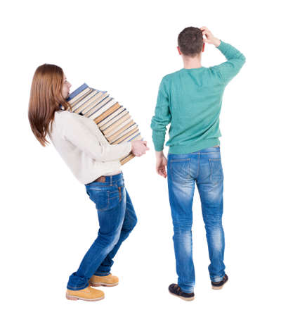 Back view couple in sweater. beautiful man and woman. Rear view people collection. backside view of person. Isolated over white background.の写真素材