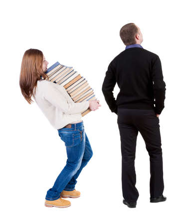 Back view couple in sweater. beautiful man and woman. Rear view people collection. backside view of person. Isolated over white background.の写真素材