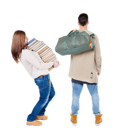 Back view couple in sweater. beautiful man and woman. Rear view people collection. backside view of person. Isolated over white background.の写真素材