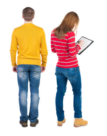 Back view couple in sweater. beautiful man and woman. Rear view people collection. backside view of person. Isolated over white background.の写真素材